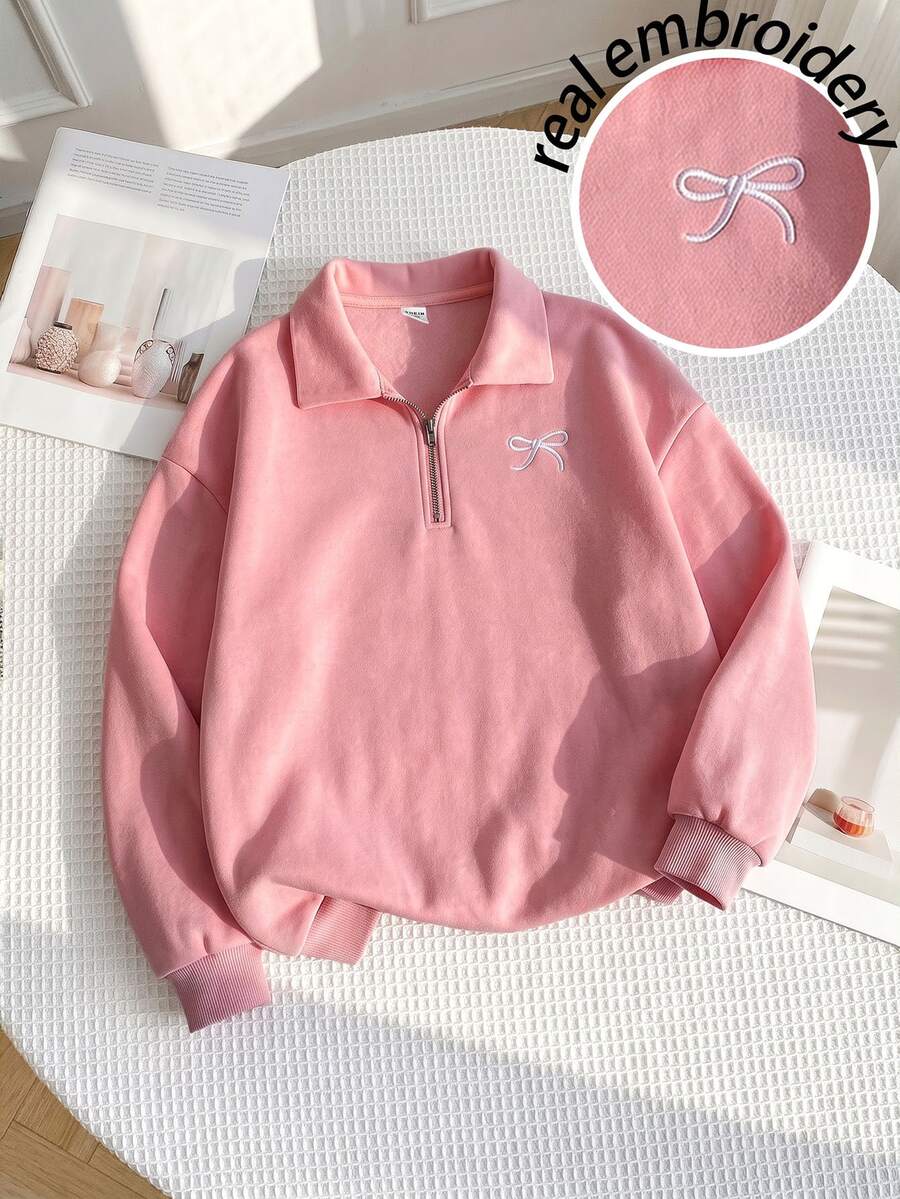 SHEIN 女童休閒基礎款半拉鍊高領精緻蝴蝶結刺繡花卉灰色保暖內裡加厚套頭衛衣 秋冬款 - 粉色 - 查看 1