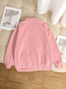 SHEIN 女童休閒基礎款半拉鍊高領精緻蝴蝶結刺繡花卉灰色保暖內裡加厚套頭衛衣 秋冬款 - 粉色 - 查看 3