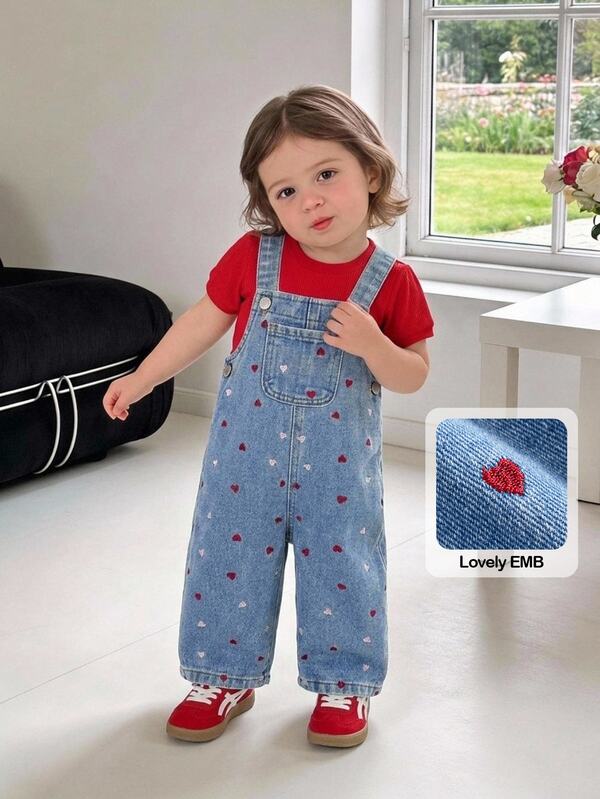 SHEIN Baby Girl Y2k Cute Heart Embroidery Blue Denim Loose Overalls,Fall/Winter,For Baby Back To School Clothes,Christmas Clothes,Birthday Clothes