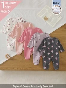 SHEIN 5件組隨機1件新生女嬰連身衣套裝 白色深紫色粉色黑色 秋冬款 柔軟舒適薄款 精緻可愛花卉滿版印花 休閒簡約 拉鍊長袖連腳連身衣家居服 - 彩色 - 查看 2