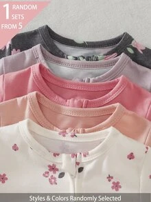 SHEIN 5件組隨機1件新生女嬰連身衣套裝 白色深紫色粉色黑色 秋冬款 柔軟舒適薄款 精緻可愛花卉滿版印花 休閒簡約 拉鍊長袖連腳連身衣家居服 - 彩色 - 查看 4