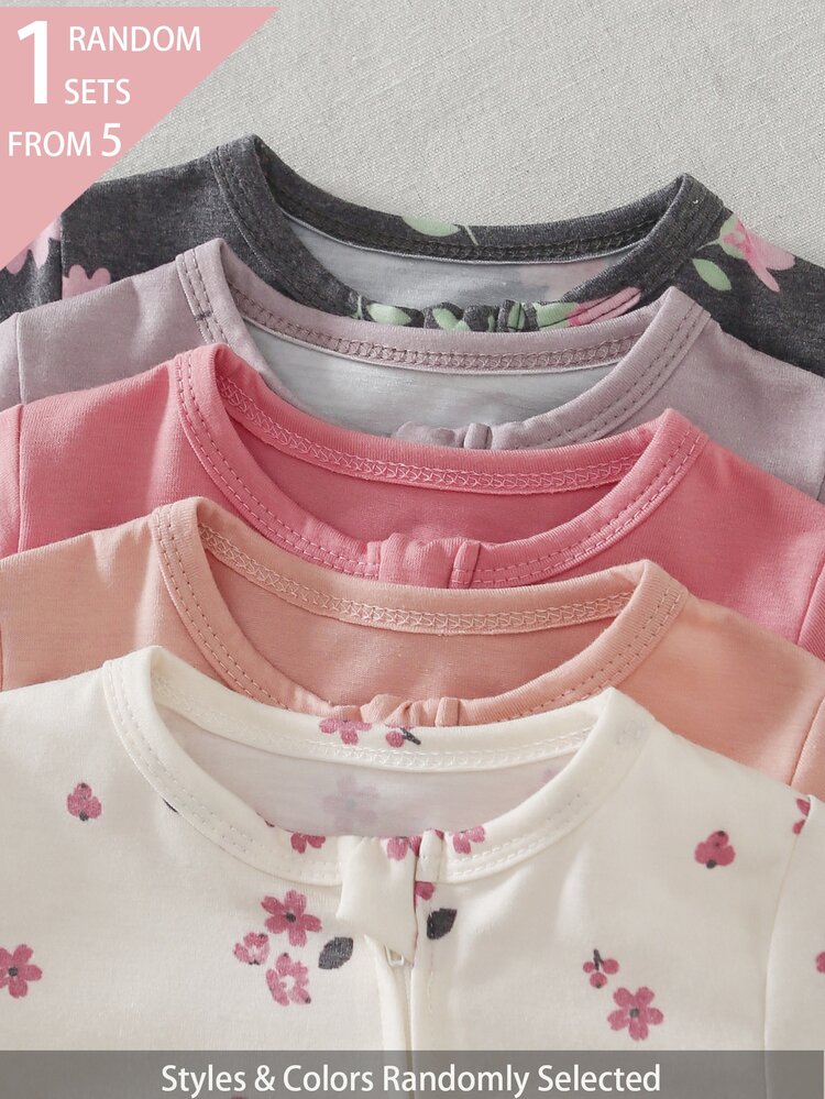 SHEIN 5pcs Acak 1pc Set Romper Bayi Perempuan Baru Lahir Putih Ungu Tua Merah Muda Hitam Musim Gugur/Dingin Romper Tipis Nyaman Lembut Cantik Motif Bunga di Seluruh Permukaan Kasual Sederhana Resleting Lengan Panjang Bodysuit dengan Penutup Kaki Pakaian Santai - MultiWarna - View 4