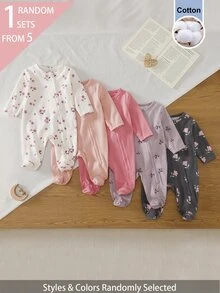 SHEIN 5件組隨機1件新生女嬰連身衣套裝 白色深紫色粉色黑色 秋冬款 柔軟舒適薄款 精緻可愛花卉滿版印花 休閒簡約 拉鍊長袖連腳連身衣家居服 - 彩色 - 查看 9