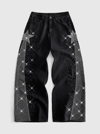 Herren Schwerlast Fünf-Punkt-Stern Strass-verziert lockere Streetwear Denim Jeans