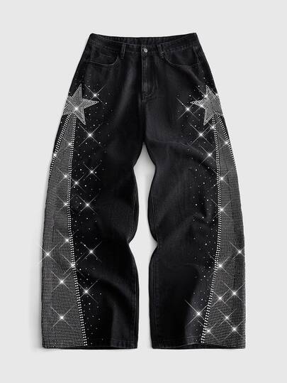 Men's Heavy-Duty Five-Point Star Rhinestone Embellished Loose Streetwear Denim Jeans