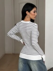 Coolane 女款白色拼接休閒性感百搭日常長袖針織衫，適合秋季外出穿搭 - 灰色 - 查看 6