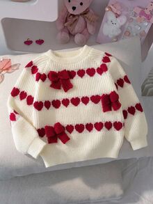 SHEIN 女童針織愛心圖案 3D 蝴蝶結圓領休閒秋冬毛衣 - 彩色 - 查看 5