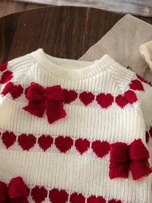 SHEIN 女童針織愛心圖案 3D 蝴蝶結圓領休閒秋冬毛衣 - 彩色 - 查看 6