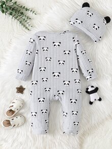 SHEIN 2pcs/Set Baby Boy Ribbed Fabric Bear Print Long Sleeve Romper & 3D Bear Ear Hat, Suitable For Casual, Outdoor, Vacation And Other Occasions, Versatile - Multicolor - View 3