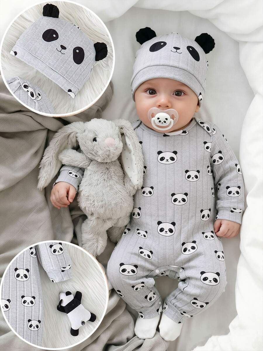 SHEIN 2pcs/Set Baby Boy Ribbed Fabric Bear Print Long Sleeve Romper & 3D Bear Ear Hat, Suitable For Casual, Outdoor, Vacation And Other Occasions, Versatile