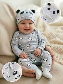SHEIN 2pcs/Set Baby Boy Ribbed Fabric Bear Print Long Sleeve Romper & 3D Bear Ear Hat, Suitable For Casual, Outdoor, Vacation And Other Occasions, Versatile - Multicolor - View 4