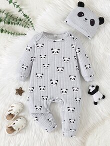 SHEIN 2pcs/Set Baby Boy Ribbed Fabric Bear Print Long Sleeve Romper & 3D Bear Ear Hat, Suitable For Casual, Outdoor, Vacation And Other Occasions, Versatile - Multicolor - View 5