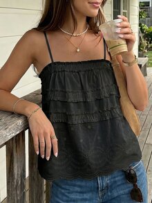 Cévolie 女款夏季寬鬆下擺定位花卉印花上衣，附荷葉邊飾，黑色浪漫優雅，適合早午餐與度假 - 黑色 - 查看 7
