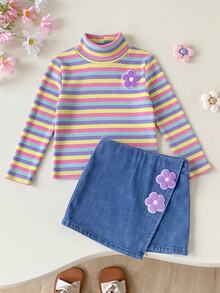SHEIN Young Girl High Neck T-Shirt And Denim Effect Skort 2 Pieces Set, Suitable For Daily Commute Wear, Girls Autumn Clothes - Multicolor - View 2