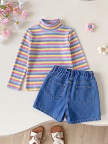 SHEIN Young Girl High Neck T-Shirt And Denim Effect Skort 2 Pieces Set, Suitable For Daily Commute Wear, Girls Autumn Clothes - Multicolor - View 3