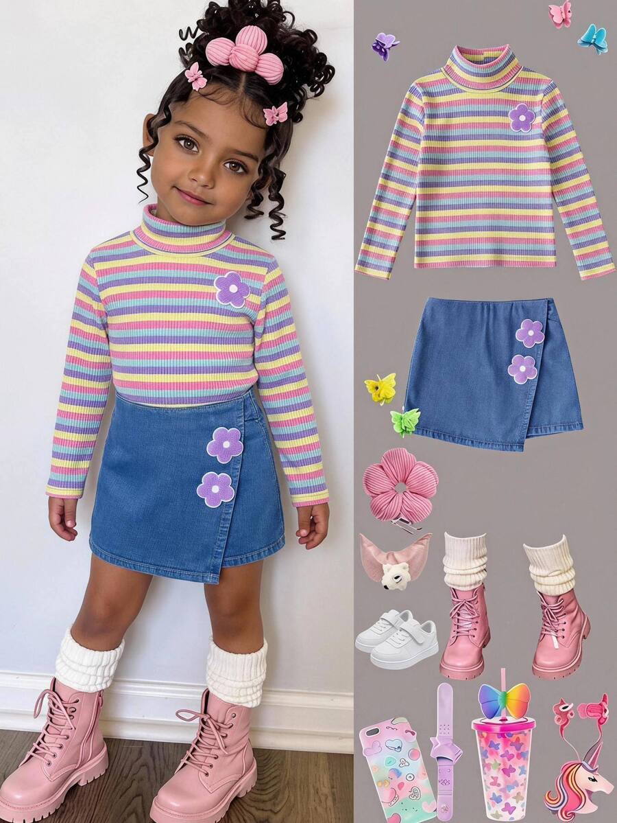 SHEIN Young Girl High Neck T-Shirt And Denim Effect Skort 2 Pieces Set, Suitable For Daily Commute Wear, Girls Autumn Clothes - Multicolor - View 1