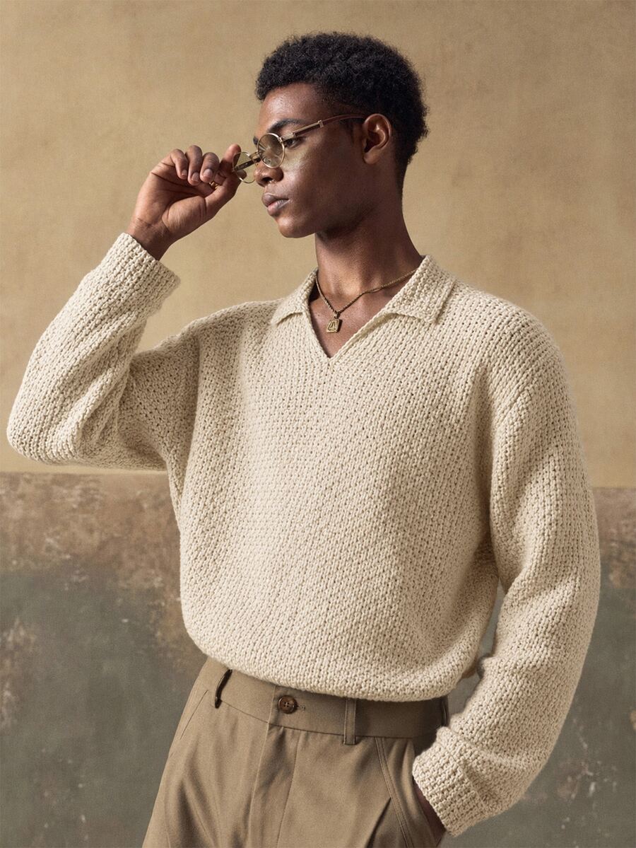 Vientiro Men's Solid Color Casual Daily Wear Long Sleeve Sweater - Apricot - View 1
