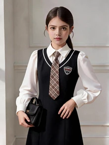 SHEIN Gaun Anak Perempuan Remaja Motif Blok Warna, Model 2 in 1 dengan Ikat Pinggang dan Hiasan Pita, Pakaian Elegan untuk Kembali ke Sekolah Sehari-hari - Hitam - View 2