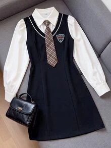 SHEIN Gaun Anak Perempuan Remaja Motif Blok Warna, Model 2 in 1 dengan Ikat Pinggang dan Hiasan Pita, Pakaian Elegan untuk Kembali ke Sekolah Sehari-hari - Hitam - View 8