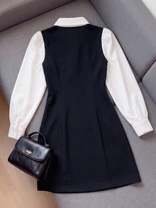 SHEIN Gaun Anak Perempuan Remaja Motif Blok Warna, Model 2 in 1 dengan Ikat Pinggang dan Hiasan Pita, Pakaian Elegan untuk Kembali ke Sekolah Sehari-hari - Hitam - View 7