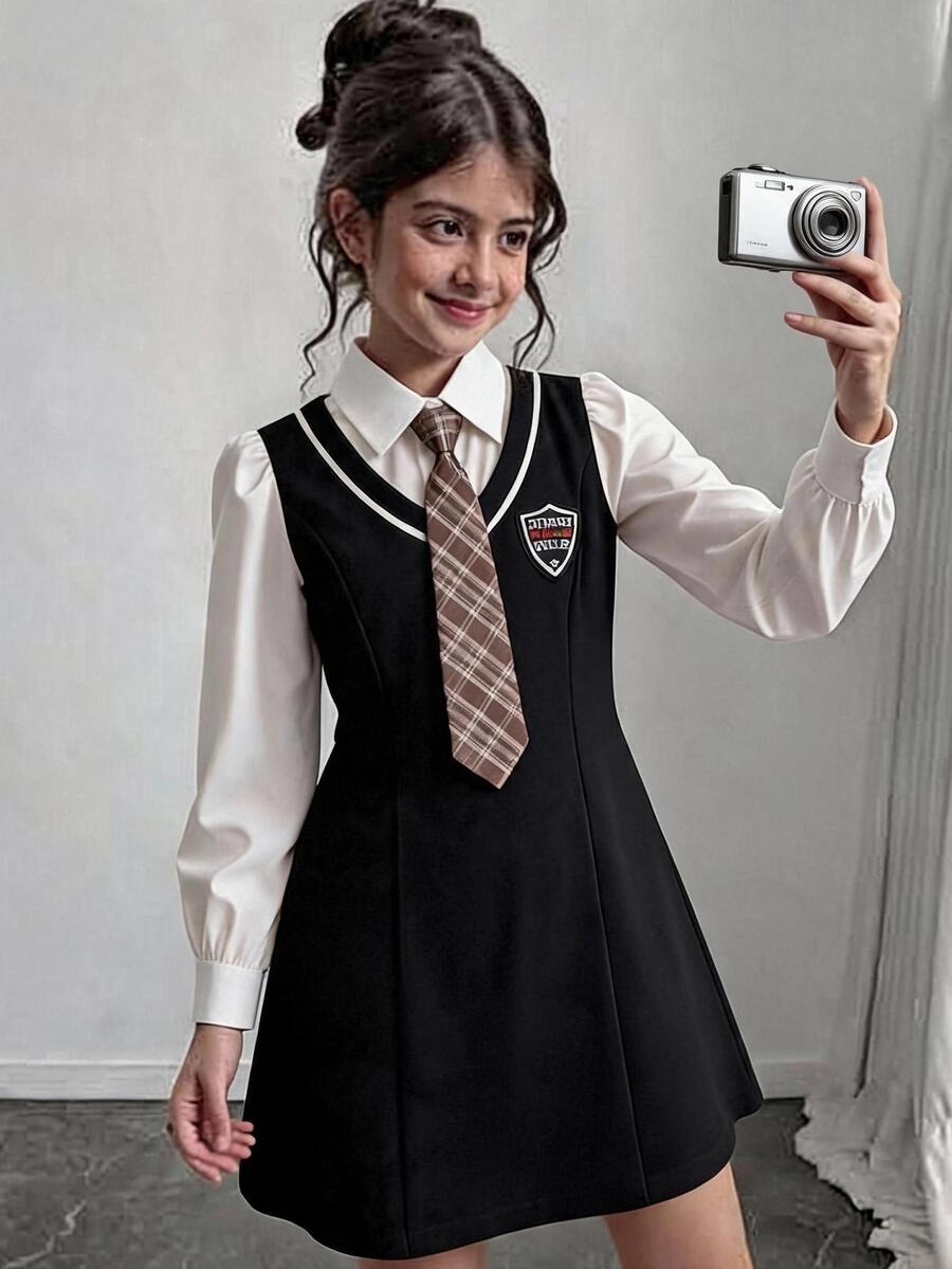SHEIN Gaun Anak Perempuan Remaja Motif Blok Warna, Model 2 in 1 dengan Ikat Pinggang dan Hiasan Pita, Pakaian Elegan untuk Kembali ke Sekolah Sehari-hari - Hitam - View 1