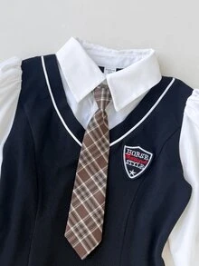 SHEIN Gaun Anak Perempuan Remaja Motif Blok Warna, Model 2 in 1 dengan Ikat Pinggang dan Hiasan Pita, Pakaian Elegan untuk Kembali ke Sekolah Sehari-hari - Hitam - View 4