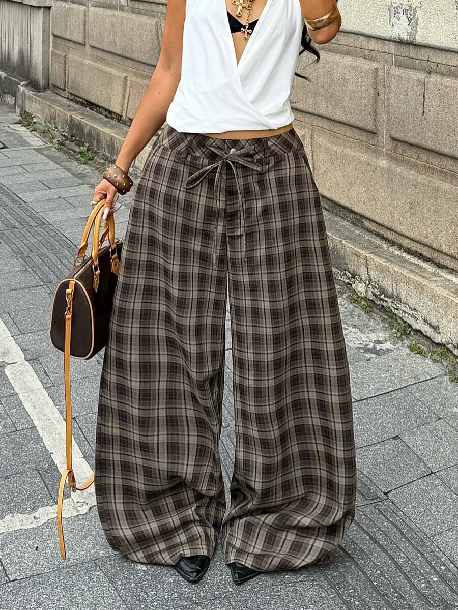 Coolane 女款秋冬街頭風休閒復古日常穿著返校風圖案格紋附口袋棕色寬鬆低腰直筒長褲 - 彩色 - 查看 1