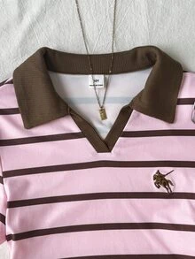 Top corto ajustado de punto con cuello, bloques de color y rayas rosa y marrón para adolescentes con logo bordado - Rosa - Ver 3