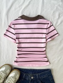 Top corto ajustado de punto con cuello, bloques de color y rayas rosa y marrón para adolescentes con logo bordado - Rosa - Ver 2