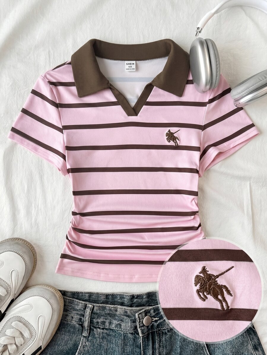 Top corto ajustado de punto con cuello, bloques de color y rayas rosa y marrón para adolescentes con logo bordado - Rosa - Ver 1