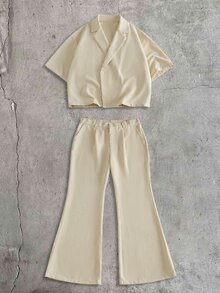 AXEPEAK Men's Fashion Button-Up Collar Shirt And Pocket Flared Pants Set - Apricot - View 2