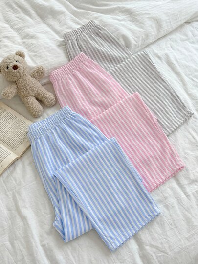 SHEIN Plus Size Women's 3-Piece Pure Cotton Multi-Color Striped Long Pajama Pants Set
