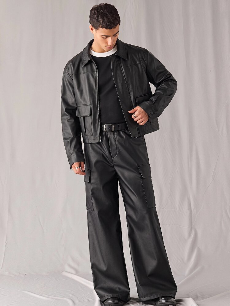ESTAVOR Jaket Kulit Kasual Serbaguna untuk Pria untuk Musim Gugur - Hitam - View 4