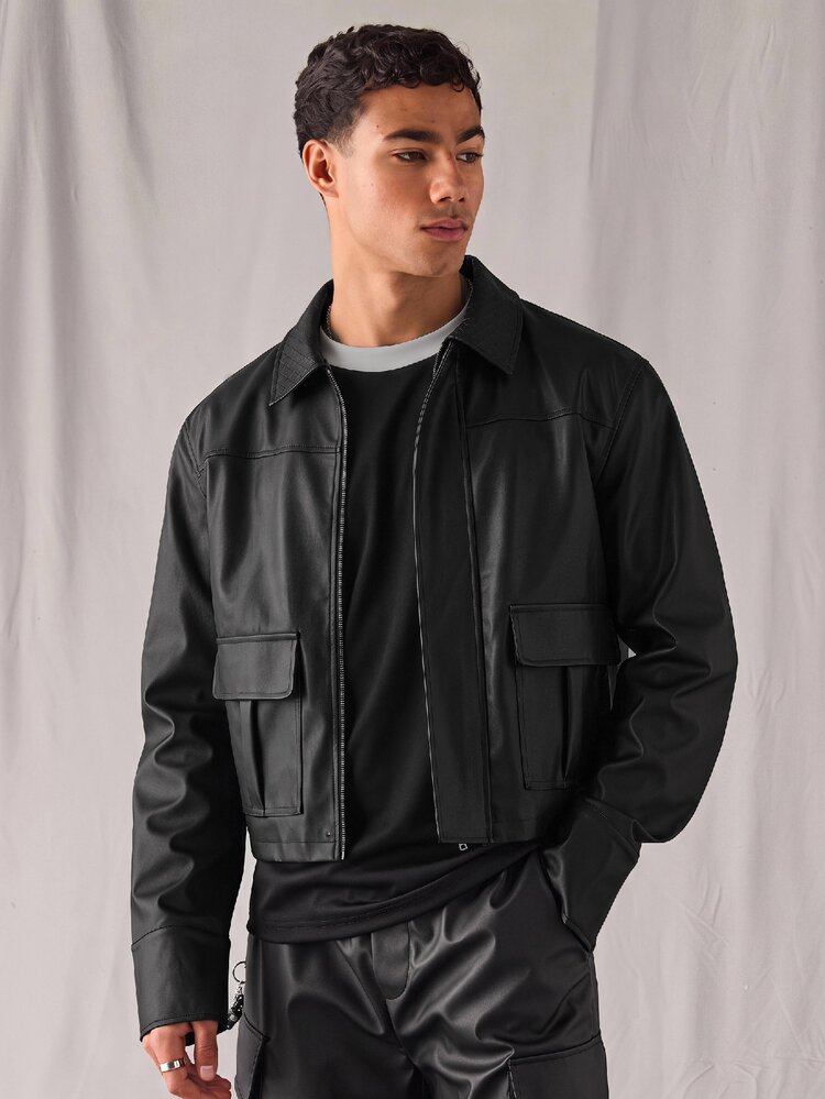 ESTAVOR Jaket Kulit Kasual Serbaguna untuk Pria untuk Musim Gugur - Hitam - View 3