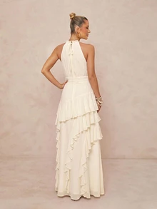 Lumalex Fall Winter Beige Chiffon Halter With Keyhole Cutout Ruched Waist And Tiered Ruffle Layered Maxi Dress Dawn-To-Gala Elegant Poised Let Your Beauty - Apricot - View 13