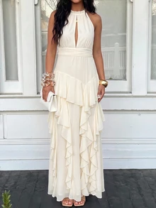 Lumalex Fall Winter Beige Chiffon Halter With Keyhole Cutout Ruched Waist And Tiered Ruffle Layered Maxi Dress Dawn-To-Gala Elegant Poised Let Your Beauty - Apricot - View 7