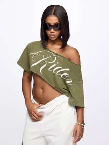 SUMWON WOMEN Script Logo Asymmetric Off Shoulder Crop Top With Raw Edge Hem And Diagonal Cut Midriff Baring Design - Army Green - View 5