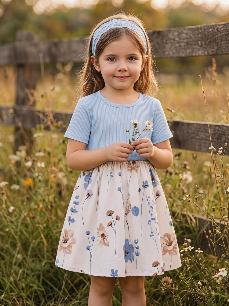 SHEIN Young Girl Young Girl Knit Solid Color Patchwork Woven Floral Casual Dress - Blue and White - View 6