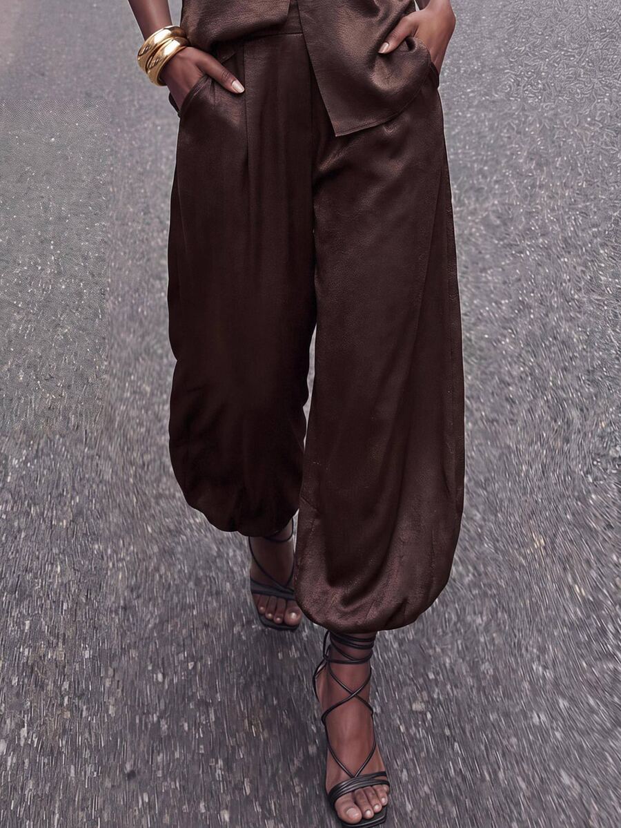 Maija 秋季女款氣球褲，寬鬆版型緞面休閒優雅度假節慶派對晚餐早午餐外出深棕色