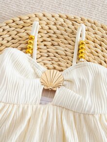 SHEIN 女童连体泳衣，可爱涤纶泳衣，适合夏季游泳，时尚多彩休闲泳装，白色荷叶边连体泳衣，白色荷叶边泳衣，贝壳荷叶边女童泳衣，白色女童泳装，荷叶边女童连体泳衣，奶油色女童泳衣，白色婴儿泳衣，沙滩女童服装，女童夏季套装 - 杏色 - 查看 2