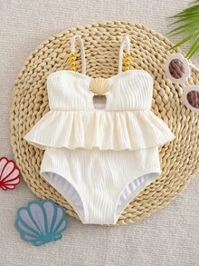SHEIN 女童连体泳衣，可爱涤纶泳衣，适合夏季游泳，时尚多彩休闲泳装，白色荷叶边连体泳衣，白色荷叶边泳衣，贝壳荷叶边女童泳衣，白色女童泳装，荷叶边女童连体泳衣，奶油色女童泳衣，白色婴儿泳衣，沙滩女童服装，女童夏季套装 - 杏色 - 查看 1
