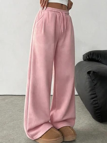 SHEIN بنطال رياضي واسع الساق محبوك باللون الوردي فضفاض وكاجوال مع رباط وجيوب، مناسب للخريف/الشتاء سميك للفتيات المراهقات - وردي - مشاهدة 4