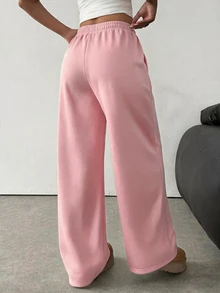 SHEIN بنطال رياضي واسع الساق محبوك باللون الوردي فضفاض وكاجوال مع رباط وجيوب، مناسب للخريف/الشتاء سميك للفتيات المراهقات - وردي - مشاهدة 2