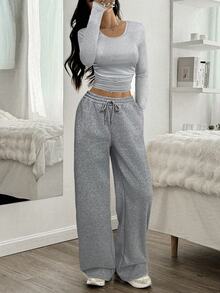 SHEIN EZwear Setelan 2 Potong Wanita: Kaos Lengan Panjang Leher Bulat Warna Polos dan Celana Panjang - Grey - View 3