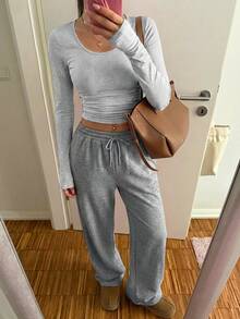 SHEIN EZwear Setelan 2 Potong Wanita: Kaos Lengan Panjang Leher Bulat Warna Polos dan Celana Panjang - Grey - View 7