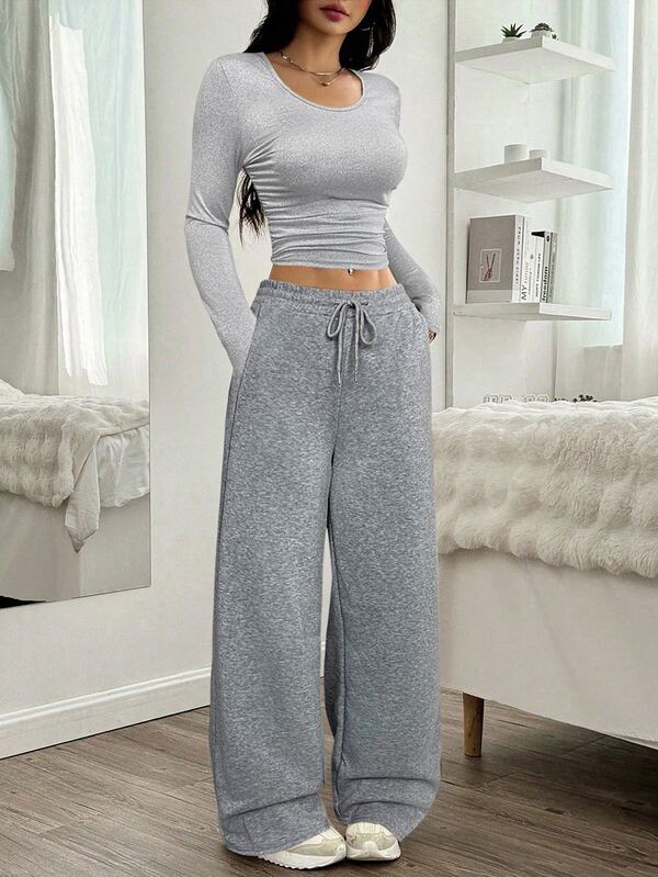 SHEIN EZwear 2 件女式纯色圆领长袖 T 恤和裤子套装