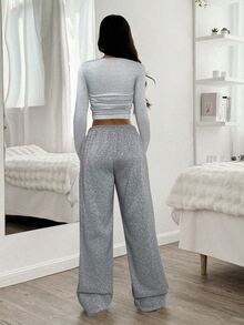SHEIN EZwear Setelan 2 Potong Wanita: Kaos Lengan Panjang Leher Bulat Warna Polos dan Celana Panjang - Grey - View 2