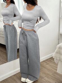 SHEIN EZwear Setelan 2 Potong Wanita: Kaos Lengan Panjang Leher Bulat Warna Polos dan Celana Panjang - Grey - View 4