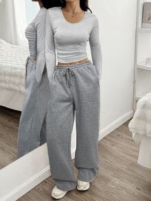 SHEIN EZwear Setelan 2 Potong Wanita: Kaos Lengan Panjang Leher Bulat Warna Polos dan Celana Panjang - Grey - View 6