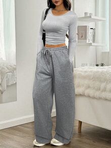 SHEIN EZwear Setelan 2 Potong Wanita: Kaos Lengan Panjang Leher Bulat Warna Polos dan Celana Panjang - Grey - View 5